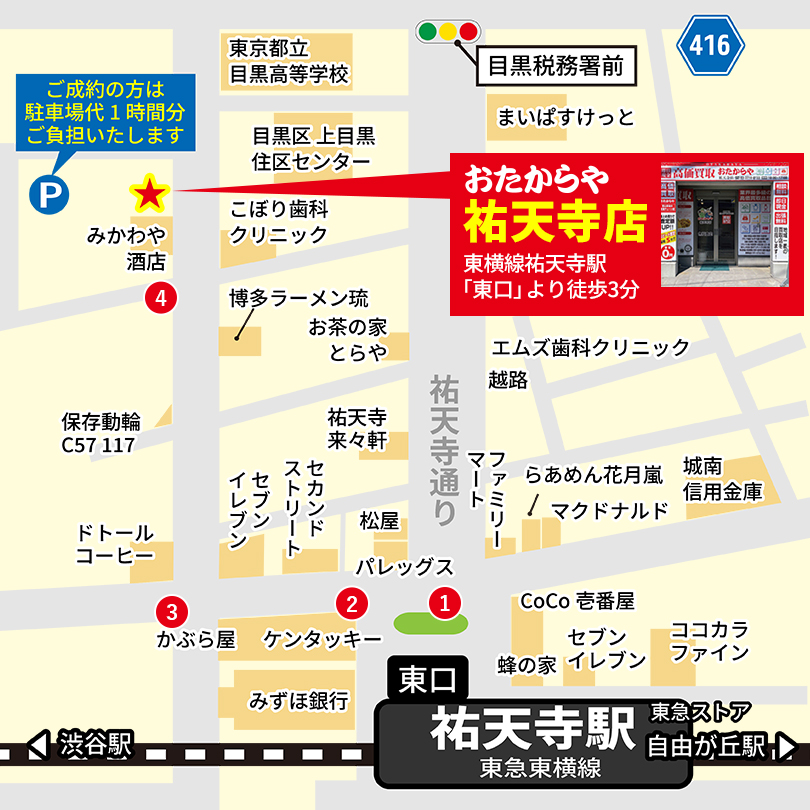祐天寺駅東口から徒歩4分 おたからや祐天寺へのアクセス